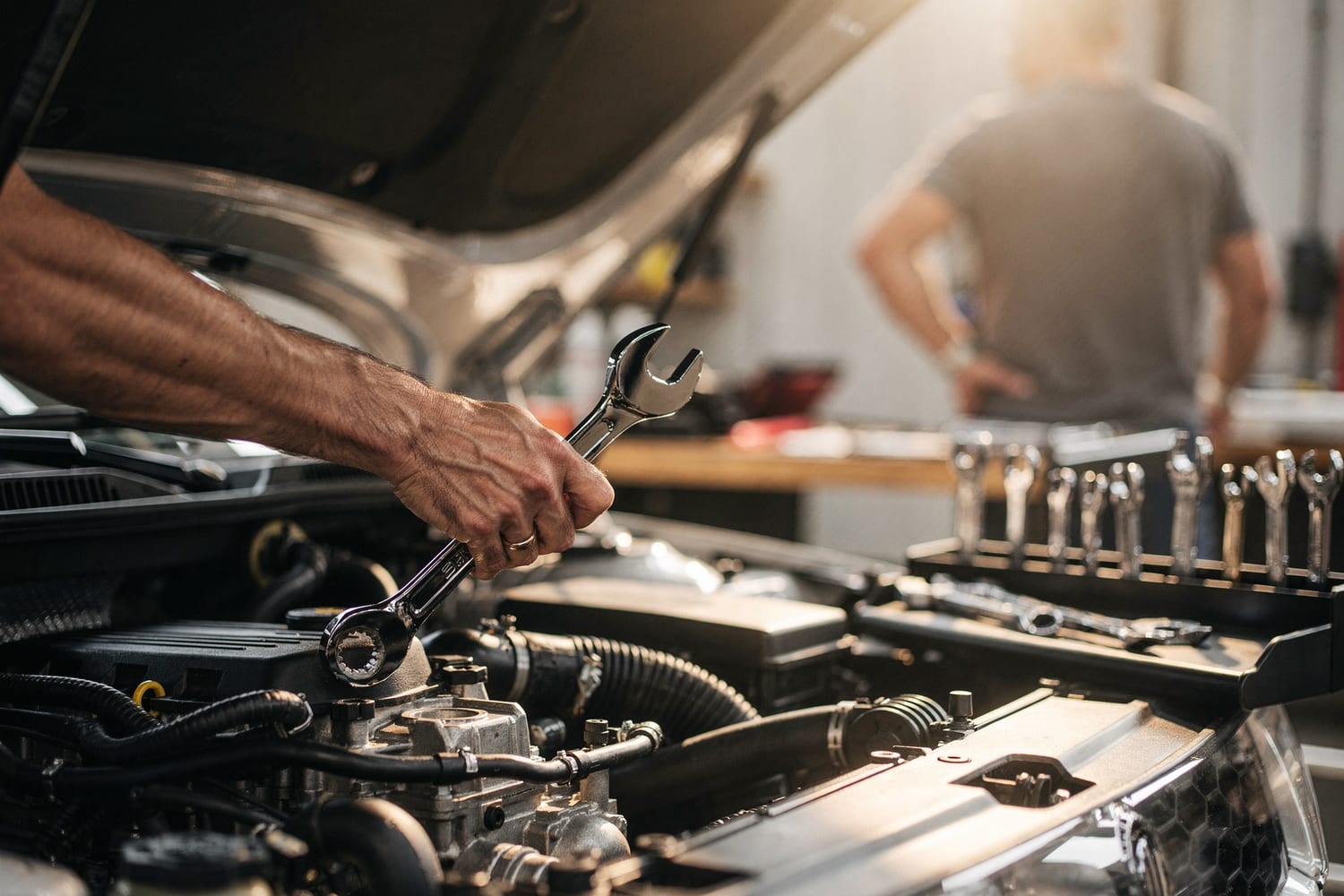 A technician's hands turning a wrench on an engine at Edwards Auto Repair